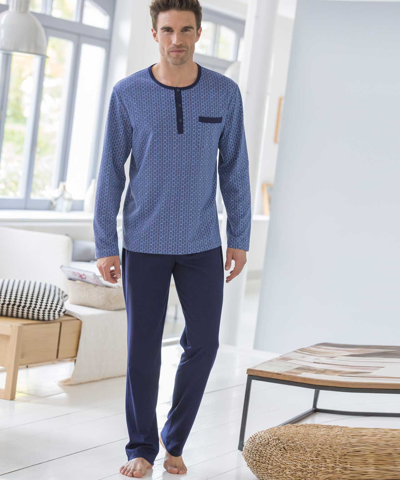 Pyjama Homme Damart Confortable Forme Jogging En Coton Doux - Col V Imprimé Géométrique Gris Chiné
