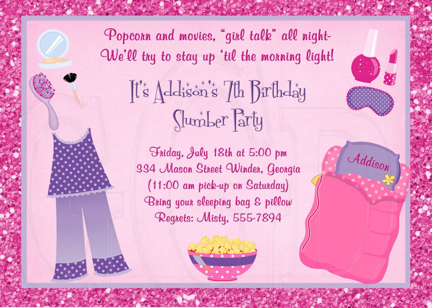 Carte invitation anniversaire pyjama party