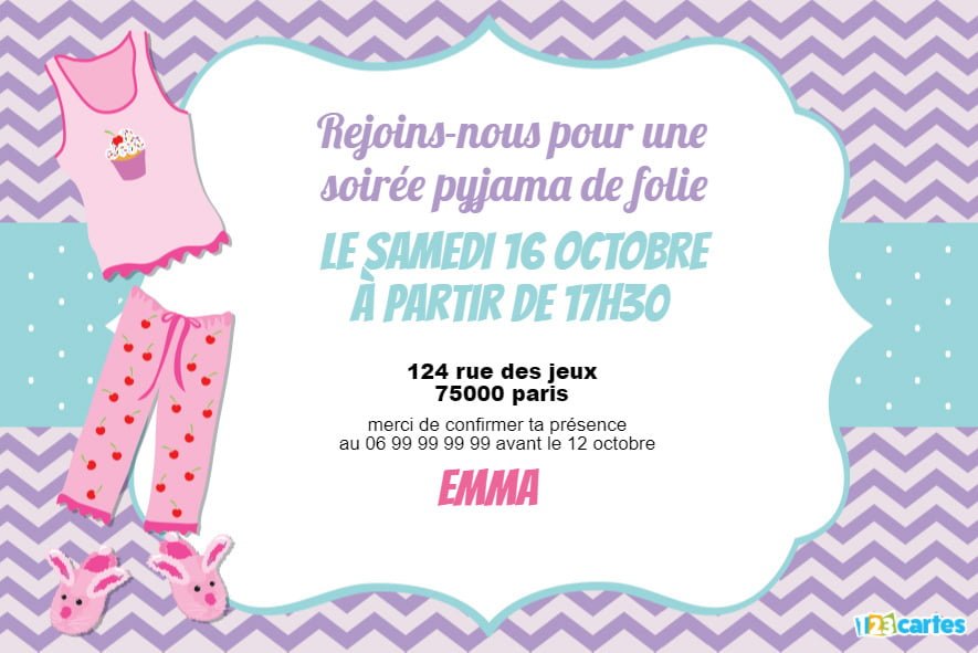 Carte invitation pour soirée pyjama imprimer